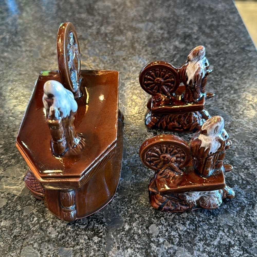vintage ceramic salt pepper shakers sugar jar spinning wheels design - brown